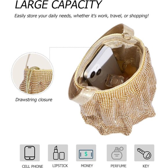 ⚡ Women's Rhinestone Sparkling Elegant Evening Crystal Gold Clutch Bag - Picture 5 of 6